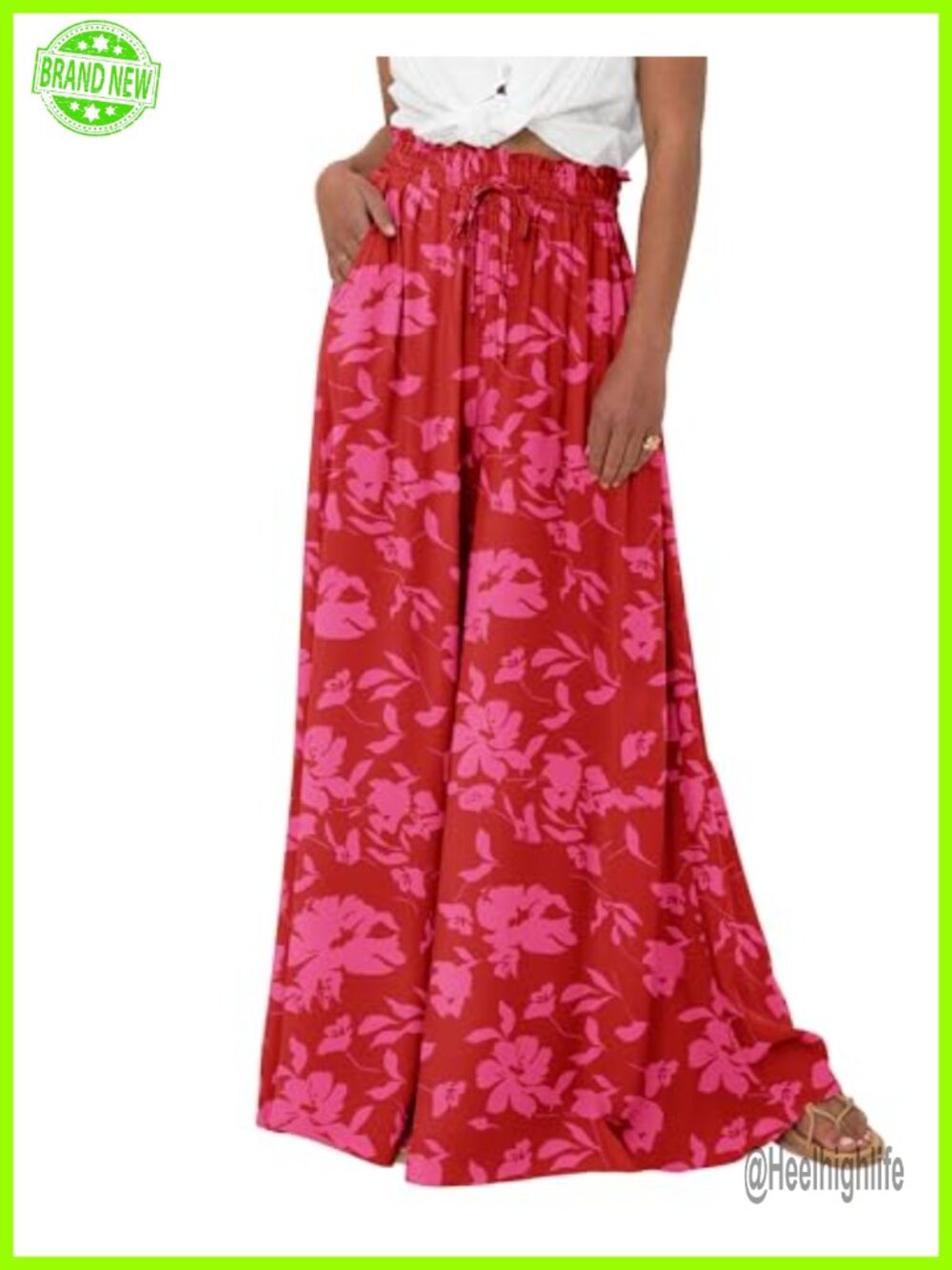 Wide Leg Flowy Palazzo Pants Drawstring Elastic Waist Side Pockets
